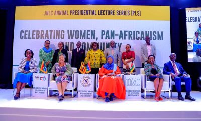 (Seated Left-Right) Chairperson of Council-Mrs. Lorna Magara, South African High Commissioner-H.E. Lulama Mary-Theresa Xingwana, Former VP of The Gambia-H.E. Fatoumata Jallow-Tambajang, Ms. Charlene Ruto and UMI Director General-Dr. James Nkata with (Standing Left-Right) Ms. Esteri Mugurwa Akandwanaho, Prof. Sarah Ssali, H.E. Maseruka Robert, Dr. Nansozi K. Muwanga, Dr. Kasozi Mulindwa, Ms. Akatukunda Maureen and Mr. Andrew Tumusiime at the JNLC Presidential Lecture Series on 8th June 2023, Yusuf Lule Auditorium, Makerere University. Kampala, Uganda.