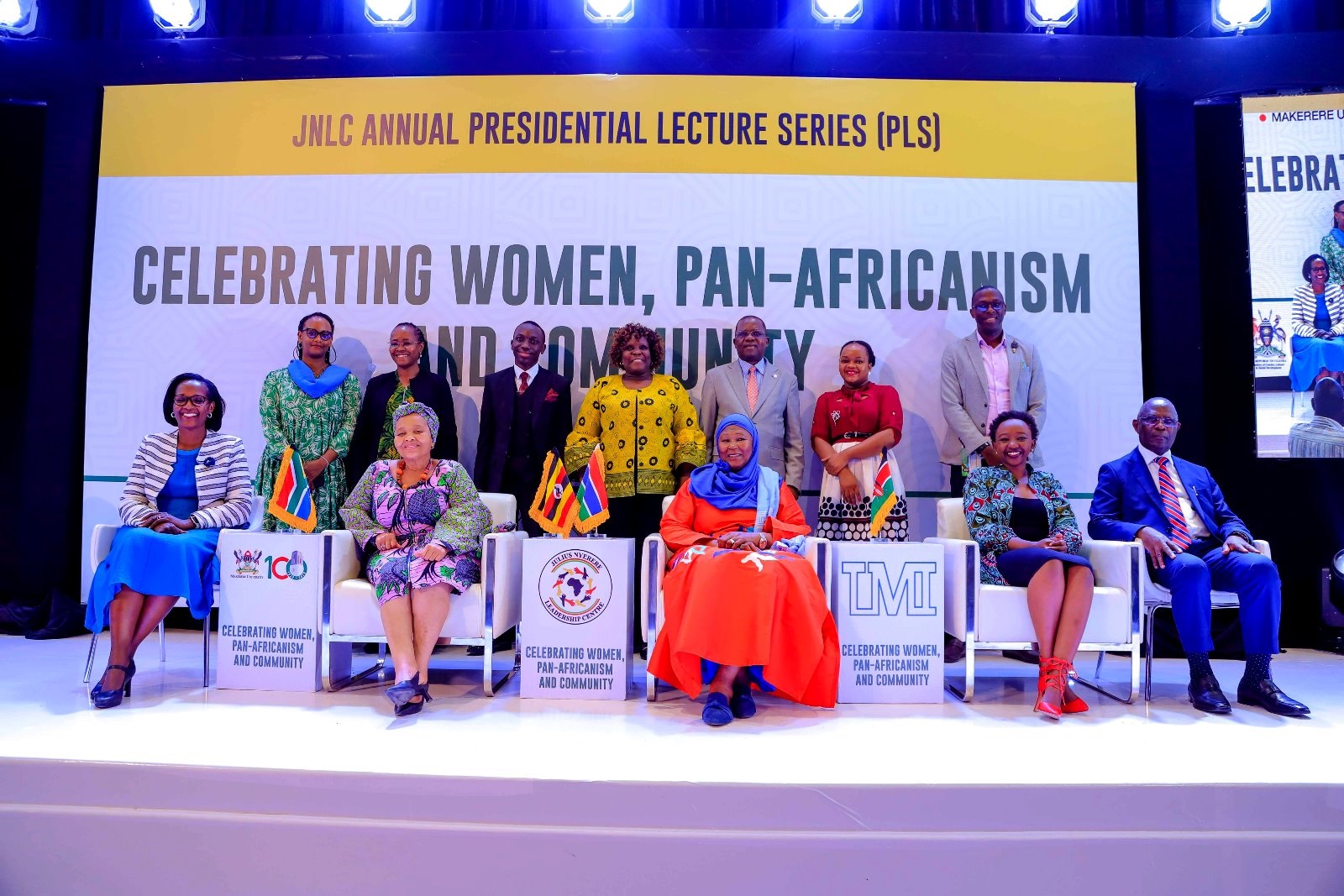 (Seated Left-Right) Chairperson of Council-Mrs. Lorna Magara, South African High Commissioner-H.E. Lulama Mary-Theresa Xingwana, Former VP of The Gambia-H.E. Fatoumata Jallow-Tambajang, Ms. Charlene Ruto and UMI Director General-Dr. James Nkata with (Standing Left-Right) Ms. Esteri Mugurwa Akandwanaho, Prof. Sarah Ssali, H.E. Maseruka Robert, Dr. Nansozi K. Muwanga, Dr. Kasozi Mulindwa, Ms. Akatukunda Maureen and Mr. Andrew Tumusiime at the JNLC Presidential Lecture Series on 8th June 2023, Yusuf Lule Auditorium, Makerere University. Kampala, Uganda.