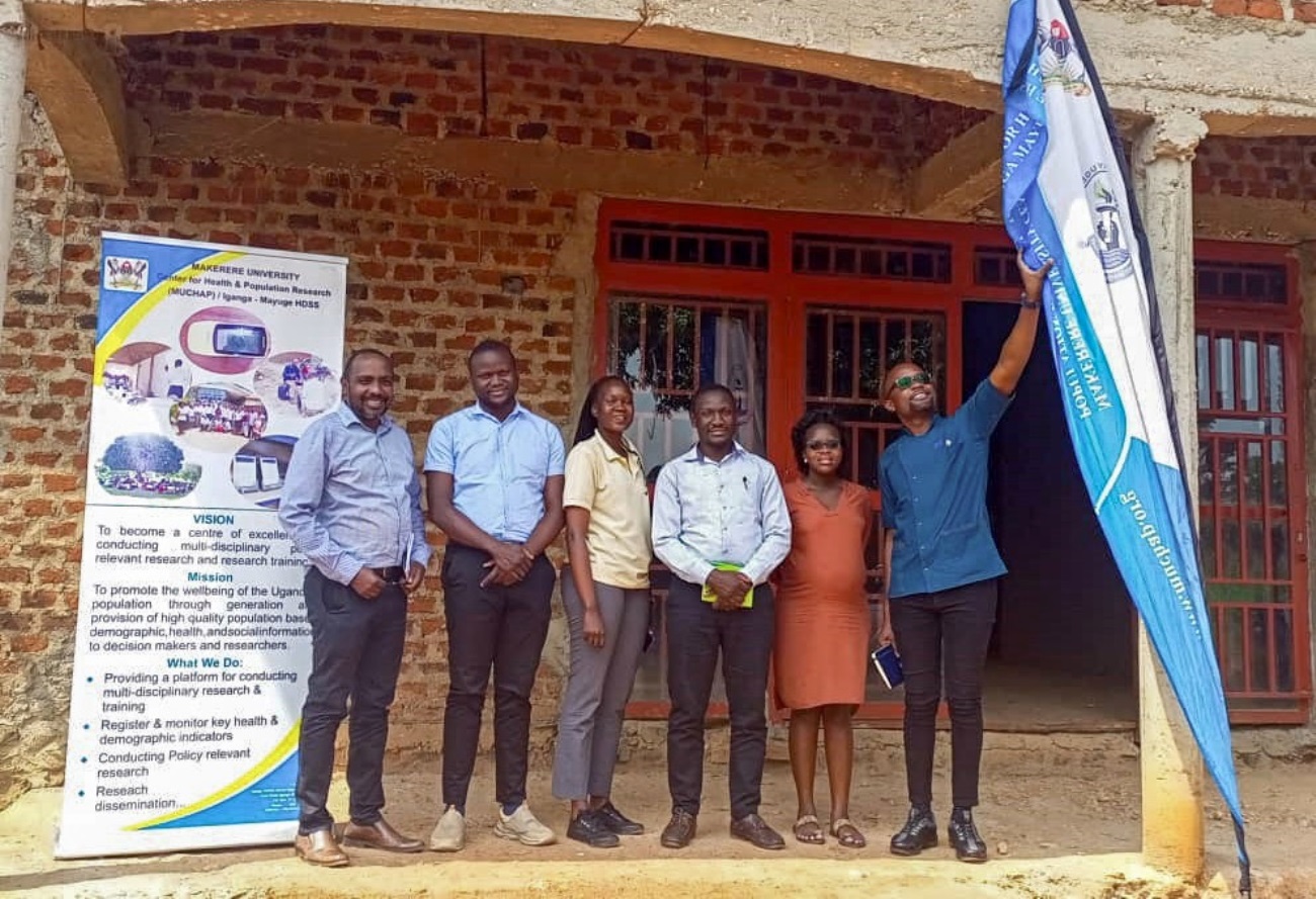 The Executive Director MUCHAP and Site Leader IMHDSS-Dr. Dan Kajungu (Left) with staff from the Makerere University Biomedical Research Centre Limited (MakBRC) during their visit to the MUCHAP premises in Iganga. Makerere University, Kampala Uganda.