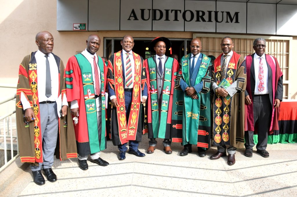 Prof. John H. Muyonga with Left to Right: Prof. Henry Alinaitwe, Prof. Yazidhi Bamutaze, Prof. Barnabas Nawangwe, Prof. Edward Bbaale, Prof. Umar Kakumba and Prof. David J. Bakibinga after his Professorial Inaugural Lecture. Yusuf Lule Central Teaching Facility Auditorium, Makerere University, Kampala Uganda.