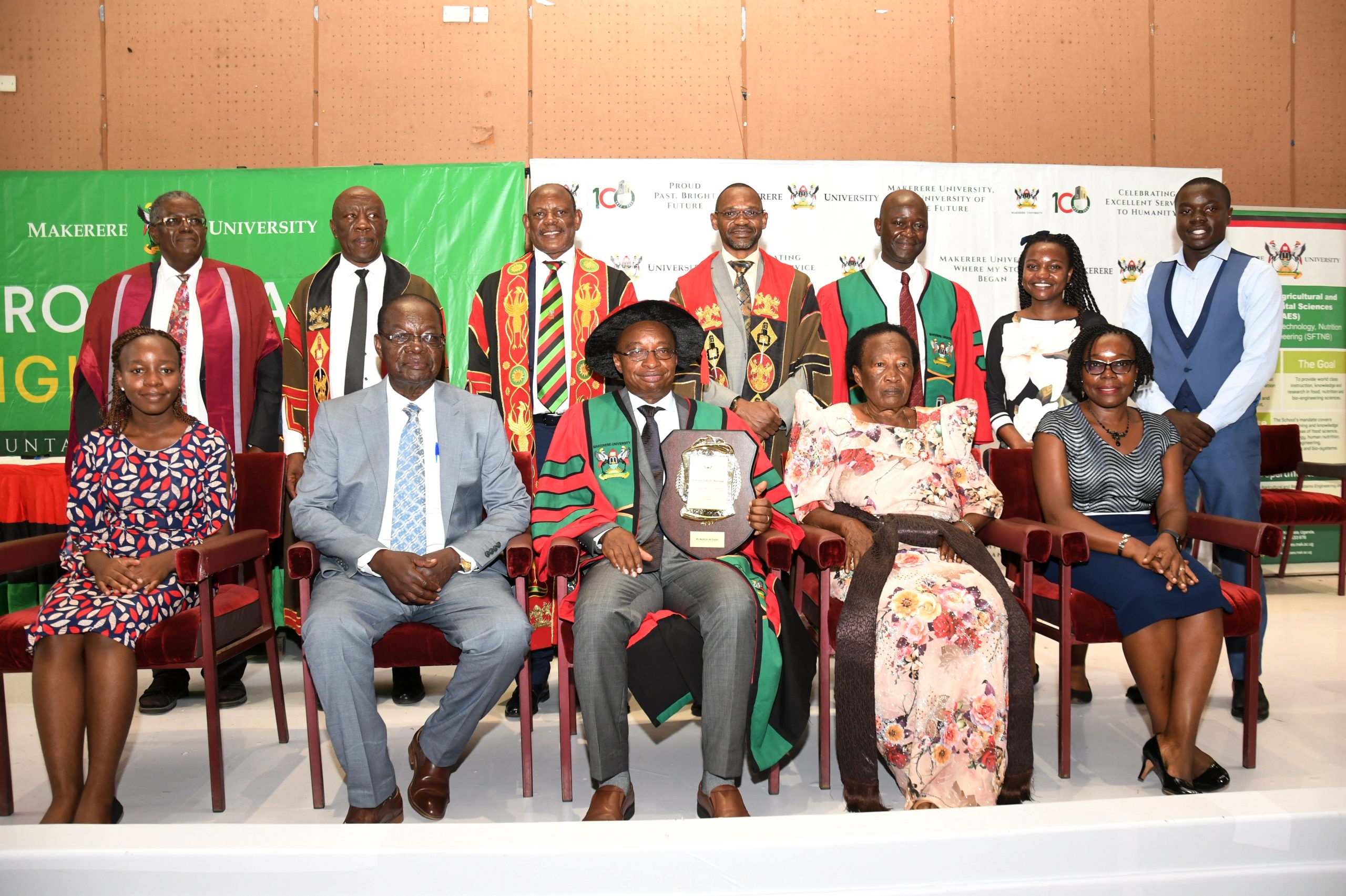 Prof. John H. Muyonga (Seated Centre) flanked by his parents and wife Dr. Faith Muyonga (Extreme Right) together with Vice Chancellor Prof. Barnabas Nawangwe (Standing Third Left). Standing Left to Right are: the Chairperson, Professorial Inaugural Lectures Organising Committee-Prof. David Bakibinga, DVCFA-Prof. Henry Alinaitwe, DVCAA-Prof. Umar Kakumba, Ag. Principal CAES-Prof. Yazidhi Bamutaze and Prof. Muyonga's daughter and son. Prof. John H Muyonga delivered his Professorial Inaugural lecture on 23rd June 2023 at the Yusuf Lule Auditorium, Makerere University. Kampala Uganda.