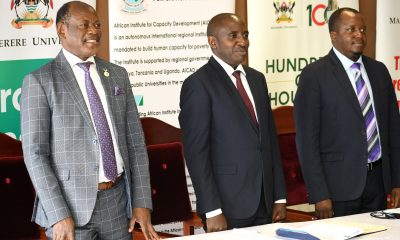 Left to Right: The Vice Chancellor-Prof. Barnabas Nawangwe, AICAD Uganda Country Director-Dr. Gaston Ampe Tumuhimbise and AICAD Uganda's Programme Officer-Mr. Hope Katongole at the press conference on 12th July 2023 in the Council Room, Makerere University. Level 3, Frank Kalimuzo Central Teaching Facility, Makerere University, Kampala Uganda.