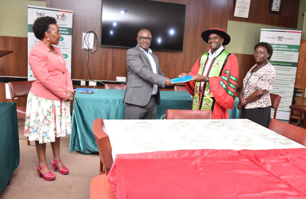 Dr. Babweteera (2nd R) hands over to Dr Twinomuhangi as the Principal of CAES, Prof. Gorettie Nabanoga (L) and the College Human Resource Officer, Ms Harriet Hawa witness. School of Forestry, Environmental and Geographical Sciences (SFEGS), College of Agricultural and Environmental Sciences (CAES), Makerere University, Kampala Uganda. East Africa.