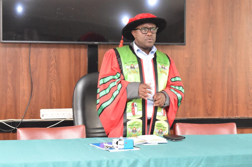 Dr. Twinomuhangi delivers his remarks after receiving instrustments of the office of the Dean. School of Forestry, Environmental and Geographical Sciences (SFEGS), College of Agricultural and Environmental Sciences (CAES), Makerere University, Kampala Uganda. East Africa.