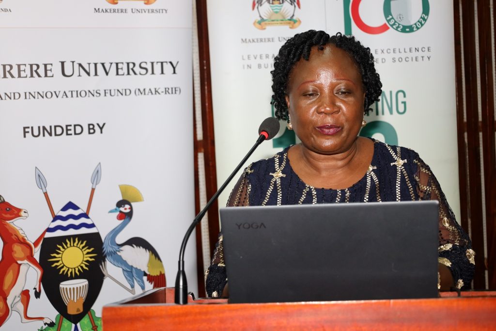 The Head of the Research Team, Dr. Harriet Nabushawo addresses participants. AVU Conference Room, College of Education and External Studies (CEES), Makerere University, Kampala Uganda, East Africa.