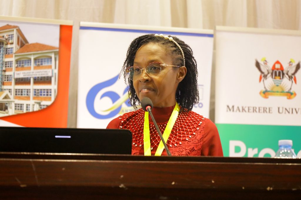 Dr. Lydia Waithira Muthuma supplemented Prof. Papa Momar Diop's virtual presentation of the highlights of the Guide on Preventive Preservation Strategies. Yusuf Lule Central Teaching Facility Auditorium, Makerere University. Kampala Uganda. East Africa.