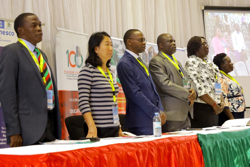 Left to Right: Assoc. Prof. David Luyombya, Ms. Misako Ito, Prof. Umar Kakumba-DVCAA, Prof. Elisam Magara, Ms. Rosie Agoi-Secretary General UNATCOM and Dr. Sarah Kaddu-Dean EASLIS at the opening ceremony.