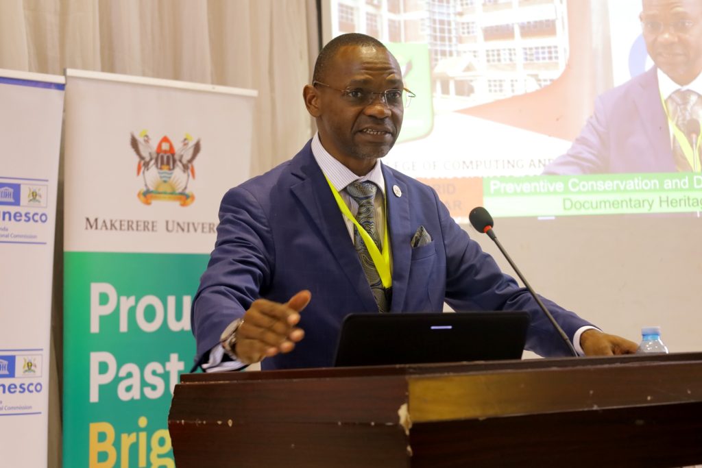 Prof. Umar Kakumba addresses the webinar. Yusuf Lule Central Teaching Facility Auditorium, Makerere University.