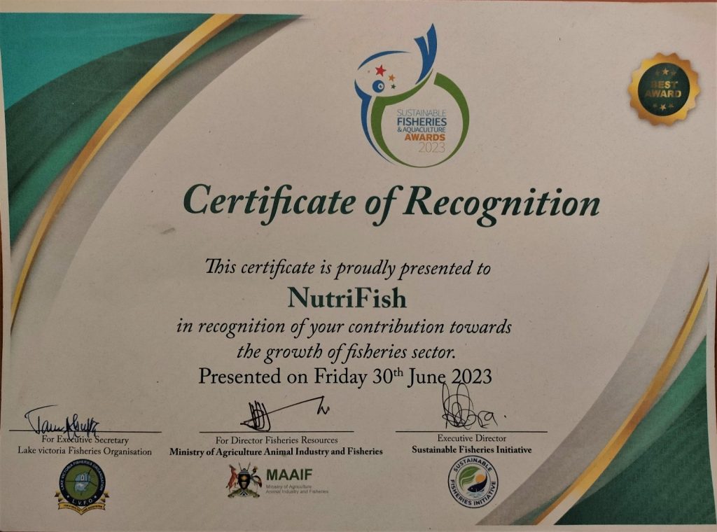 The Certificate of Recognition presented to NutriFish. Nutrifish Project, College of Natural Sciences (CoNAS), Makerere University, Kampala Uganda. Fairway Hotel.