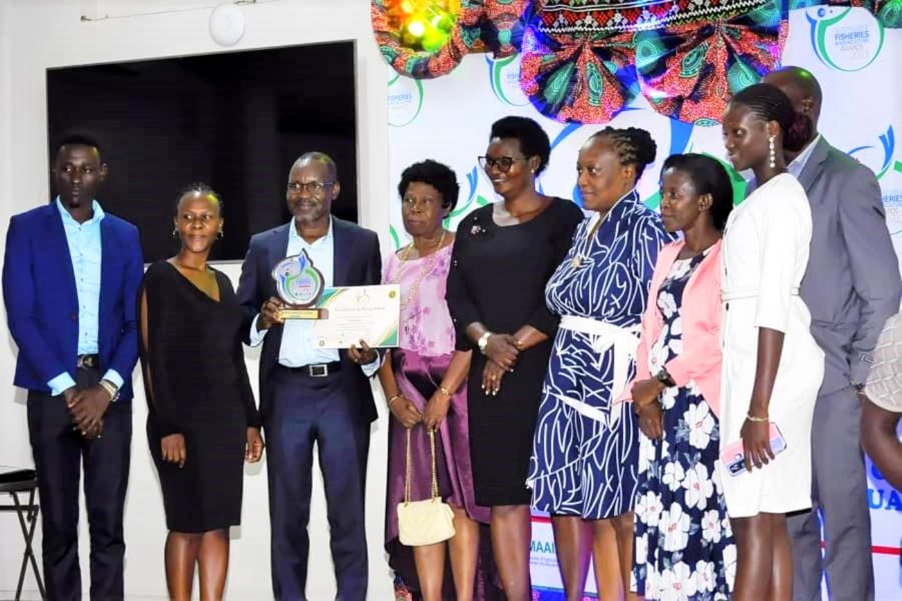 The Awards ceremony was presided over by the Minister of State for Fisheries, Hon. Hellen Adoa (5th R) with the NutriFish Project team led by Dr. Jackson Efitre (3rd Left) at the Award ceremony on 30th June 2023. Nutrifish Project, College of Natural Sciences (CoNAS), Makerere University, Kampala Uganda. Fairway Hotel.