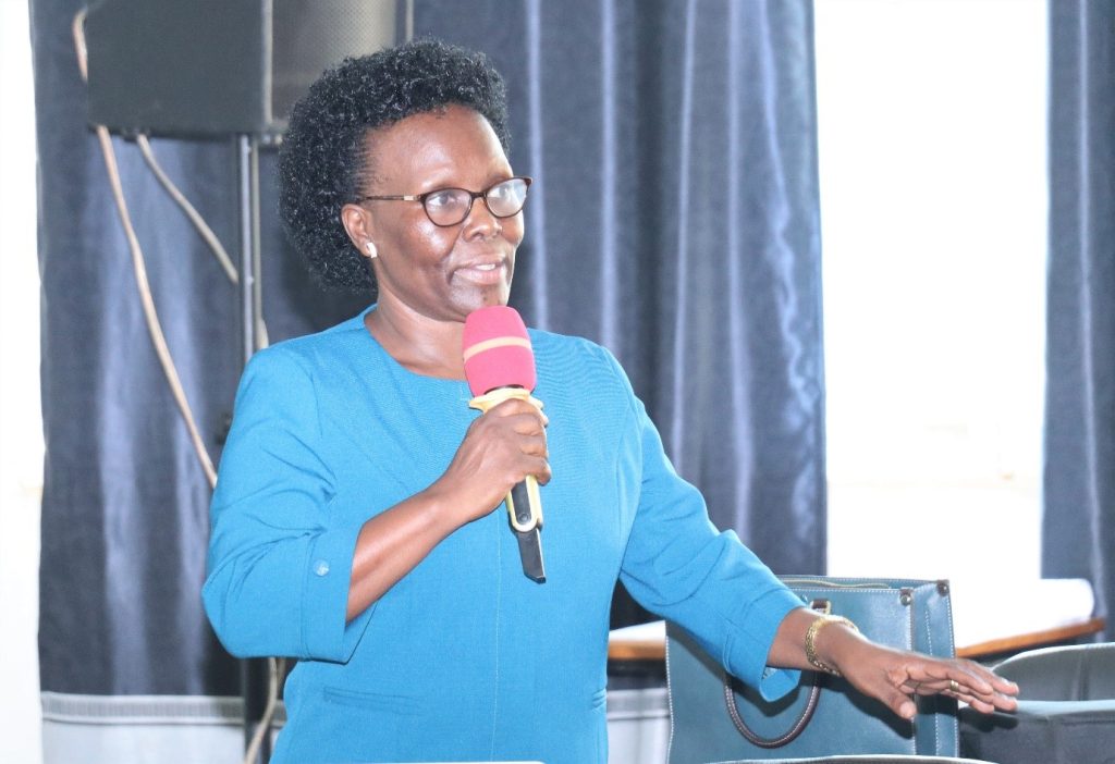 Prof. Sylvia Nannyonga-Tamusuza, the Head of GAMSU, officiating the opening of the GAMSU workshop. Telepresence Centre, Senate Building, Makerere University, Kampala Uganda.