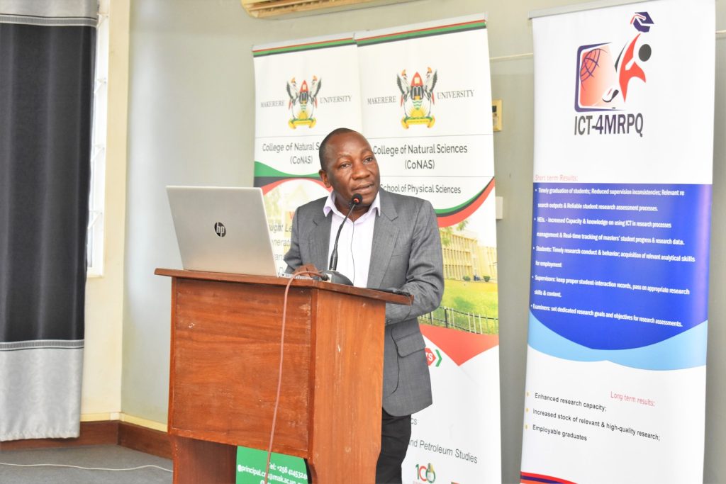 Dr. John Mary Kiberu presenting an overview of the project during the stakeholders' engagement. He is the Coordinator of the project at Makerere University. Telepresence Centre, Senate Building, Makerere University, Kampala Uganda.
