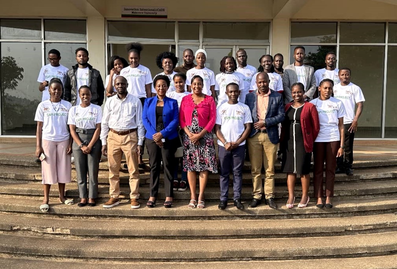 The graduates with the Principal of CAES, Prof. Gorettie Nabanoga (4th L) and the Project PI, Dr. Julia Kigozi (C) after the ceremony on 4th August 2023. The Conference Hall, School of Food Technology, Nutrition and Bioengineering, CAES, Makerere University, Kampala Uganda, East Africa.