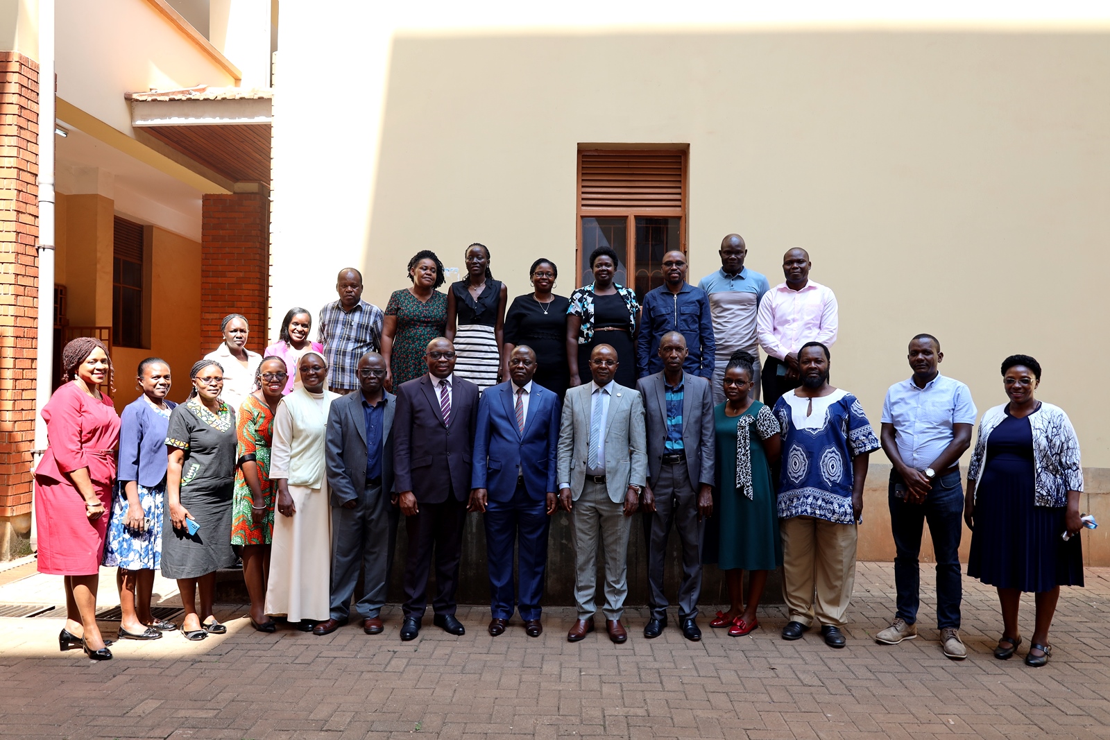 Director-DRGT-Prof. Edward Bbaale (6th R), Principal CEES-Prof. Anthony M. Mugagga (5th R) and Deputy Principal CEES-Prof. Ronald Bisaso (7th L) with officials and staff at the opening ceremony of the two-day training in graduate supervision held on 10th August 2023, CEDAT Conference Hall, Makerere University. Kampala Uganda, East Africa.