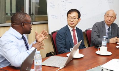 One of the Staff-Mr. Paddy Asiimwe (Left) engages with Dr. Dong Seog HAN and Dr. Dongik Lee during the meeting on 14th August 2023 at CoCIS, Makerere University. Geospatial Laboratory, CoCIS, Block A, Makerere University, Kampala Uganda, East Africa.