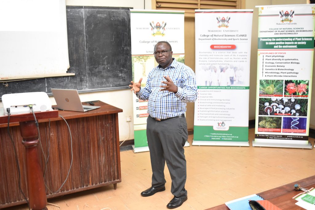 Dr. Godfrey Kawooya Kubiriza, coordinator of the project, welcoming participants to the seminar. Zoological Museum and Aquarium, Department of Zoology, Entomology and Fisheries Sciences, CoNAS, Makerere University, Kampala Uganda. East Africa.