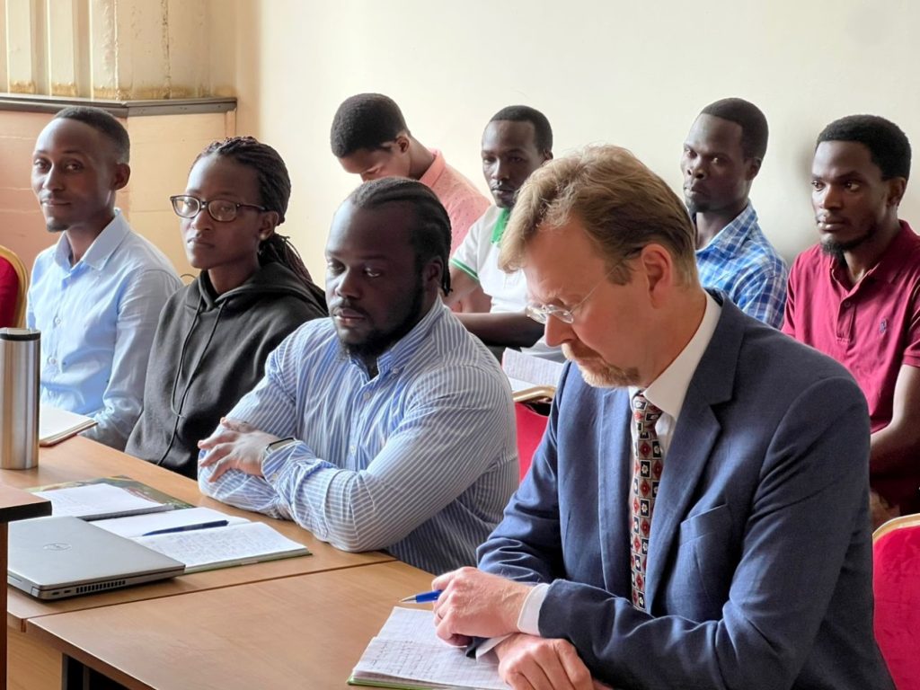 Right-Left: Dr. Richard Paley flanked by Mr. Andrew Wokorac Joseph. College of Veterinary Medicine, Animal Resources and Biosecurity (CoVAB), Makerere University, Kampala Uganda, East Africa.