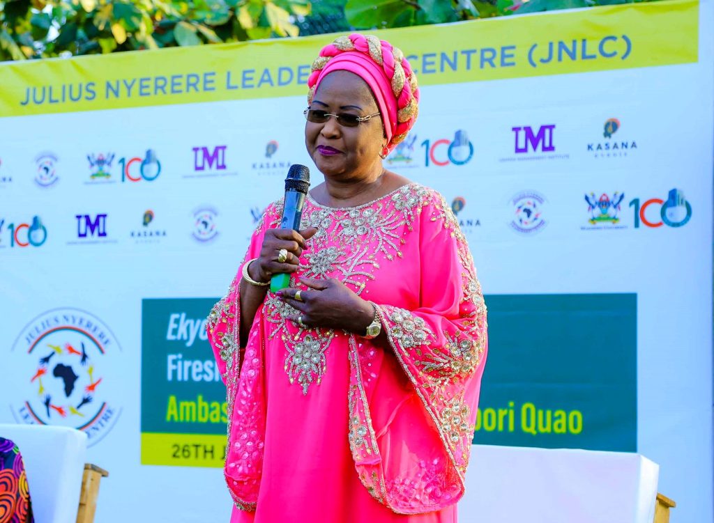 H.E. Ambassador Dr. Arikana Chihombori-Quao delivers the keynote speech at the Ekyooto. JNLC Gardens, Makerere University. Kampala Uganda East Africa.