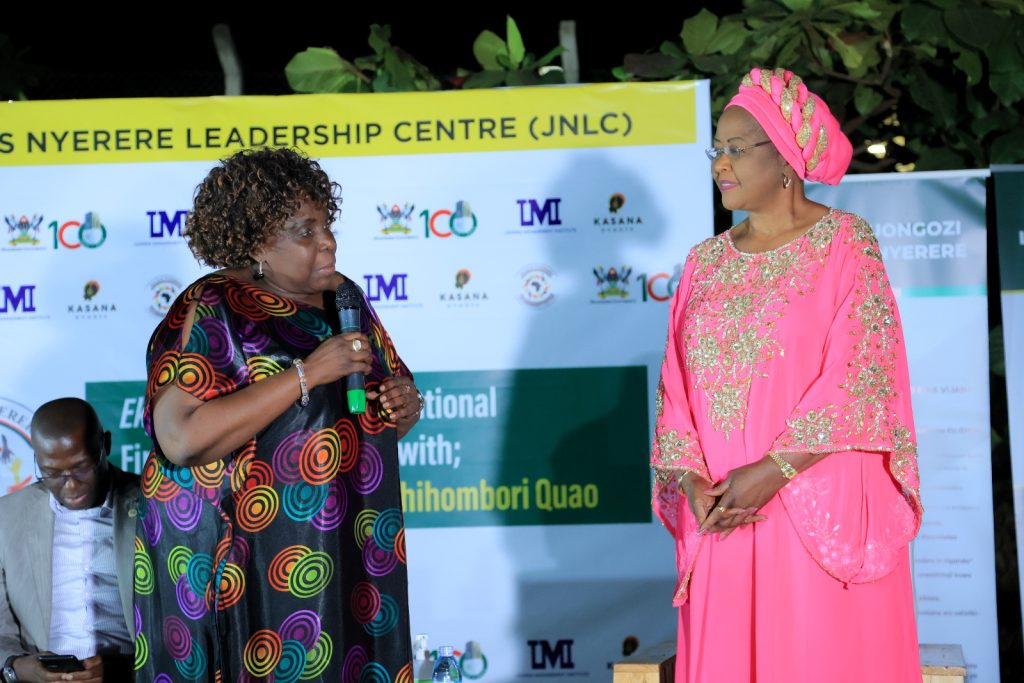 Dr. Suzie Nansozi Muwanga (Left) thanks H.E. Amb. Arikana Chihombori-Quao for her wonderful submission to the youth and young leaders. JNLC Gardens, Makerere University. Kampala Uganda East Africa.