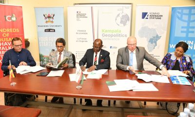 Left to Right: Mr. Eric Touzé - Director Alliance Française Kampala; H.E. Xavier Sticker - Ambasaddor of France in Uganda; Prof. Barnabas Nawangwe - Vice Chancellor, Makerere University; Mr. Nils Wörmer from the Konrad Adenauer Foundation and Dr. Paulina Chiwangu - UN Women Uganda Country Representative at the MoU Signing Ceremony on 11th September 2023. Rotary Peace Centre Boardroom, Level 3, Yusuf Lule Central Teaching Facility, Makerere University, Kampala Uganda, East Africa.