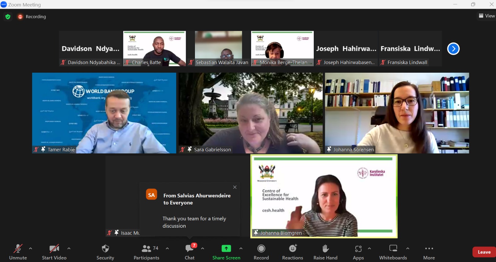 A screenshot of some of the panelists at the 2023 global conversation, on Climate Change and Health organised by the Centre of Excellence for Sustainable Health (CESH) on 5th September 2023.