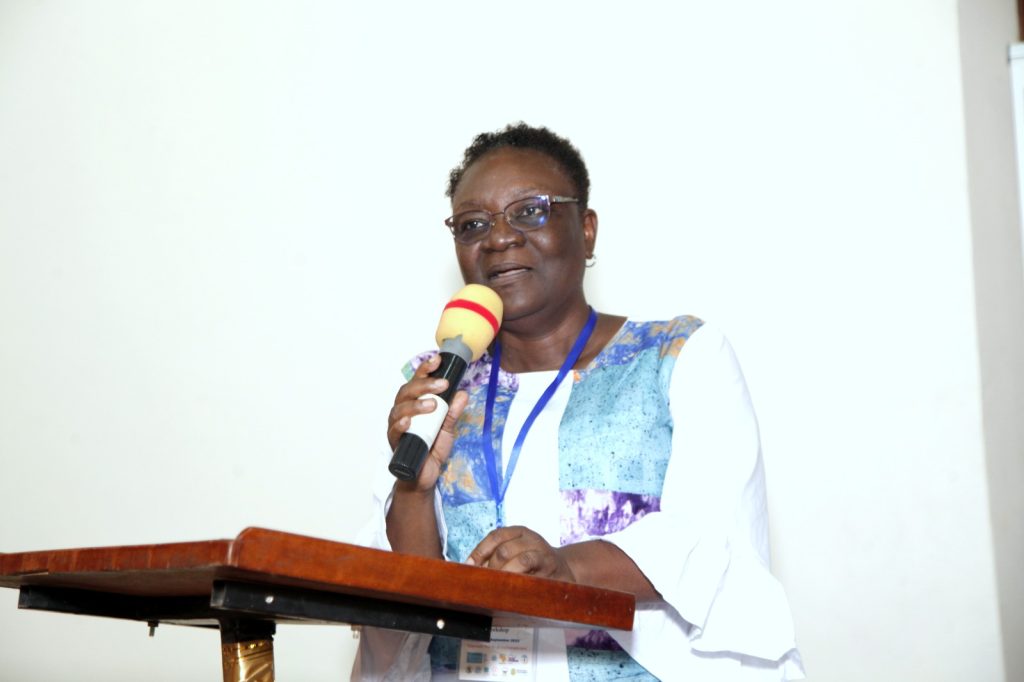 Dr. Marie-Françoise Ouedraogo from the University of Ouagadougou, Burkina Faso speaking at the workshop. She emphasized the importance of educationg women and girls. College of Engineering, Design, Art and Technology (CEDAT), Conference Hall, Makerere University, Kampala Uganda, East Africa.
