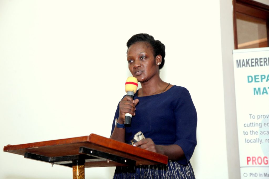 The President of the Uganda Women Mathematicians, Prof. Betty Nanyonga Kivumbi briefed participants about the activities of their Association. College of Engineering, Design, Art and Technology (CEDAT), Conference Hall, Makerere University, Kampala Uganda, East Africa.