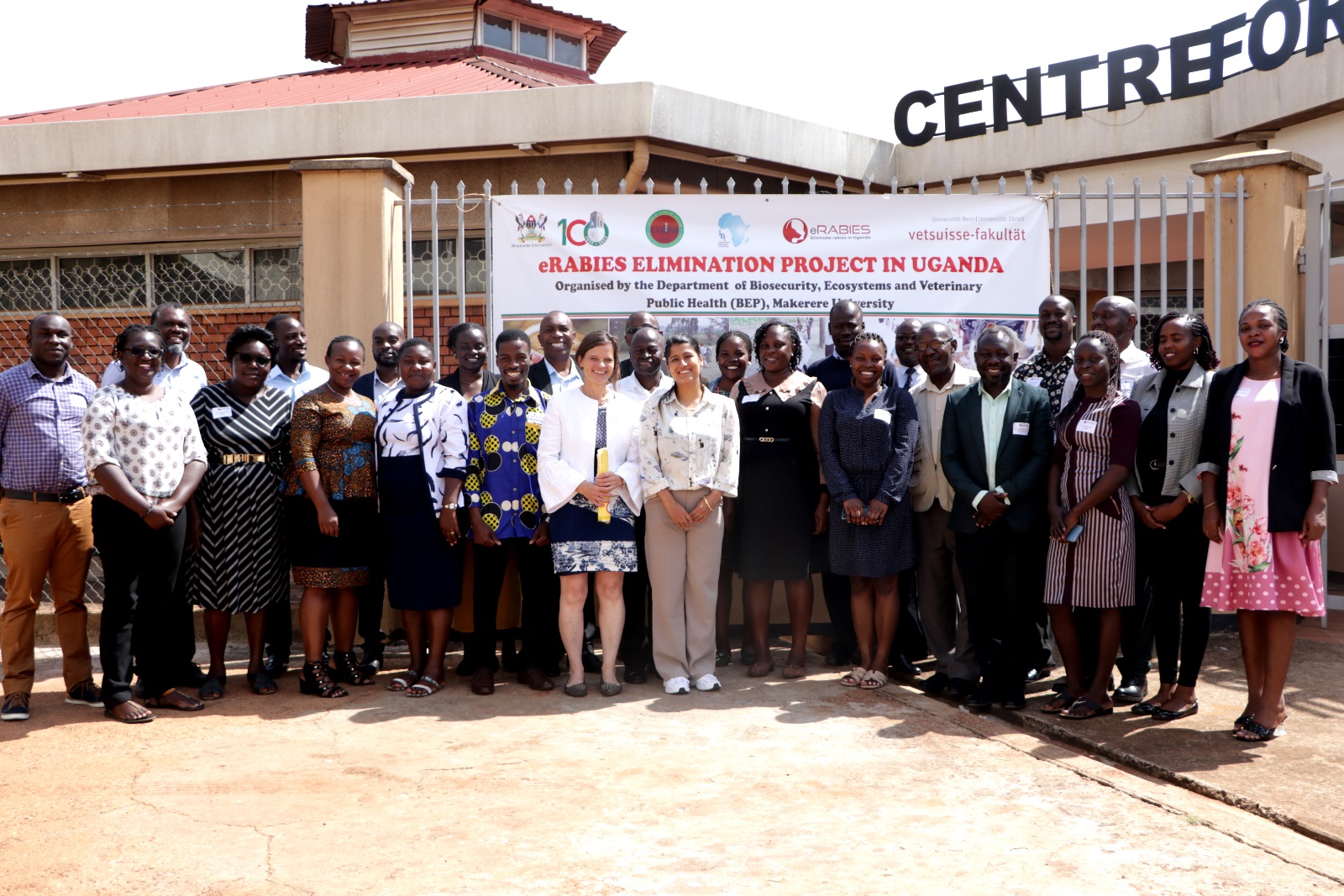 Stakeholders pose for a group photo at the Centre for Biosecurity and Global Health, College of Veterinary Medicine, Animal Resources and Biosecurity (CoVAB), Makerere University. Kampala, Uganda, East Africa.