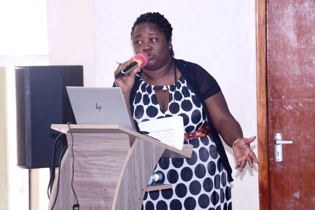 Counsel Esther Kabinga, Senior Legal Officer at Makerere making a presentation on legal policies and procedures for grants management. 14th September 2023, The Conference Hall, School of Food Technology, Nutrition and Bioengineering, College of Agricultural and Environmental Sciences (CAES), Makerere University, Kampala Uganda, East Africa.