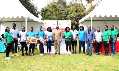 Hon. John Bosco Ngoya (7th Left), Prof. Henry Alinaitwe (4th Right), Prof. Justine Namaalwa (Left) with raffle draw winners and officials at the Open Day on 2nd September 2023. Mastercard Foundation Scholars Program Annual Community Open Day, Freedom Square, Makerere University, Kampala Uganda, East Africa.