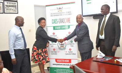 The Director DRGT-Prof. Edward Bbaale (2nd Right) launches the CAES GRADCARE Management System on behalf of the DVCAA on 17th October 2023. Right is Dr. Cyprian Misinde, Director Quality Assurance, Second Left is the Principal of CAES, Prof. Gorettie Nabanoga, and Left is the Deputy Principal, Prof. Yazhidi Bamutaze. CAES Conference Hall, Makerere University. Kampala Uganda, East Africa.