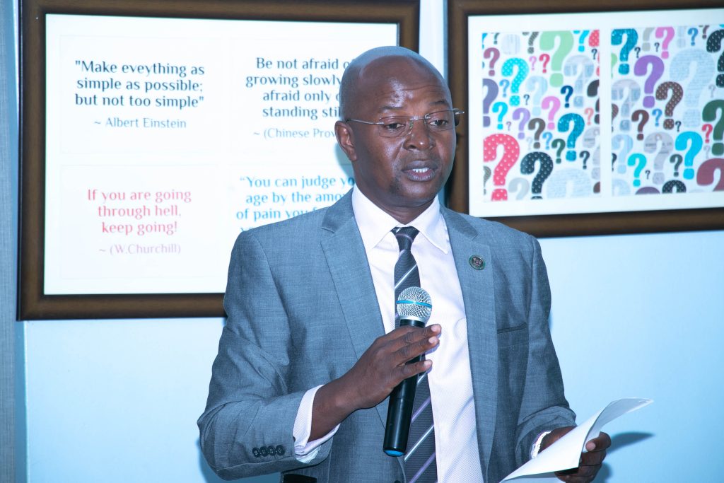 Professor Edward Bbaale, Director of Research and Graduate Training at Makerere University delivering his remarks while opening the training. Makerere University School of Public Health, Plot 28 House 30, Upper Kololo Terrace, Kampala Uganda, East Africa.