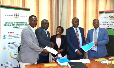Prof. Henry Alinaitwe (2nd Right) hands over to incoming Principal, Assoc. Prof. Moses Musinguzi (Right) while Assoc. Prof. Venny Nakazibwe (Centre) hands over to incoming Deputy Principal, Assoc. Prof. Kizito Maria Kasule (2nd Left) as the Directorate of Internal Audit's Mr. Aggrey Luwuliza (Left) witnesses on 29th September 2023. The Boardroom, College of Engineering, Design, Art and Technology (CEDAT), Makerere University, Kampala Uganda. East Africa.