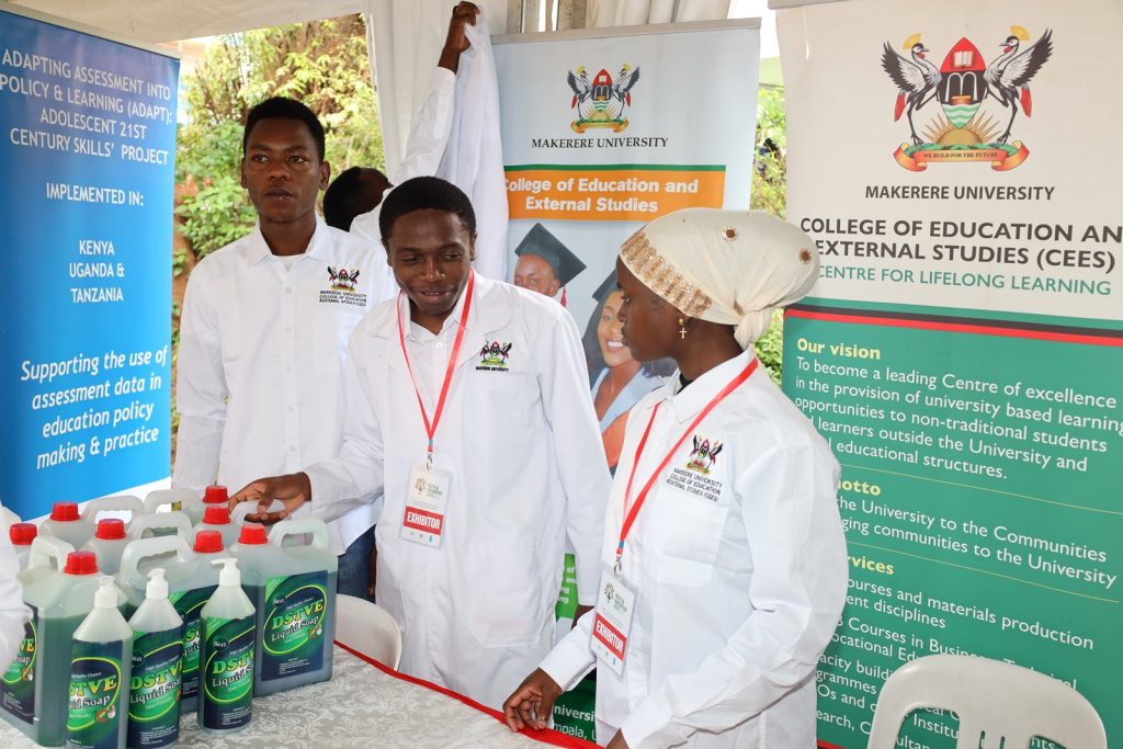 Students from the Department of Science, Technical and Vocational Education (DSTVE) exhibit their liquid soap array. Youth and Innovation Expo, 6th-7th October 2023, Makerere University, Kampala Uganda, East Africa.