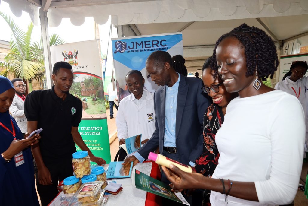 Prof. Anthony Muwagga Mugagga (3rd Right) inspects some of the items at the CEES Exhibition Tent. Youth and Innovation Expo, 6th-7th October 2023, Makerere University, Kampala Uganda, East Africa.