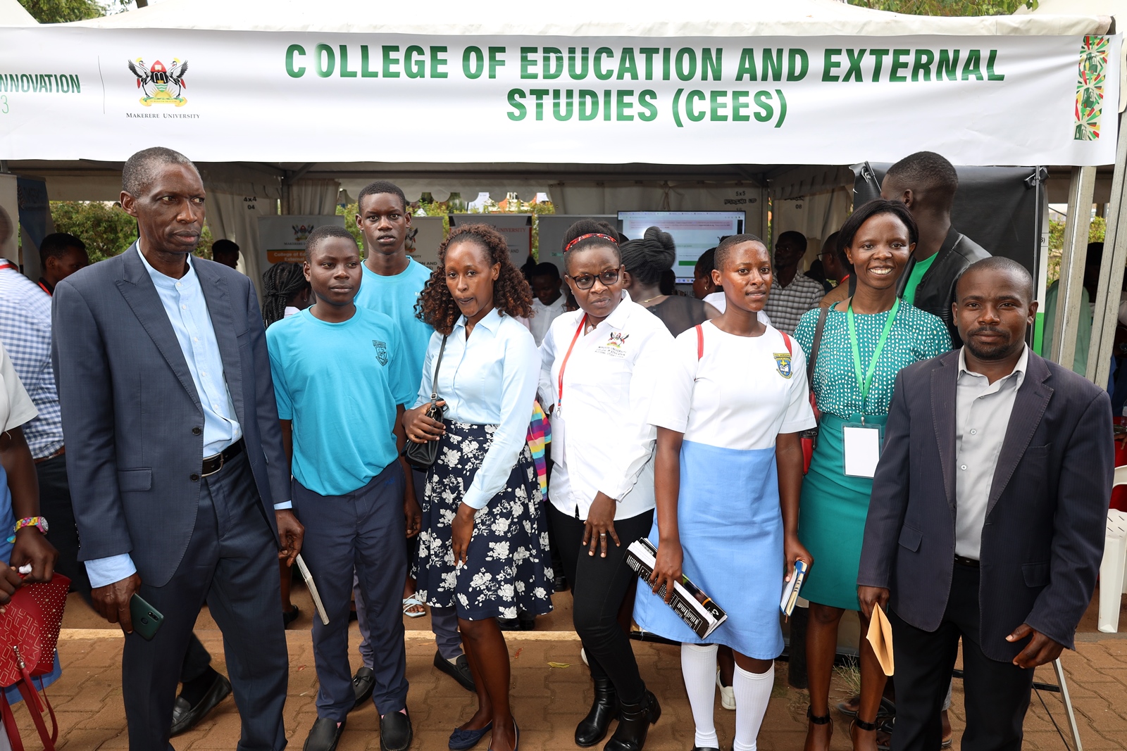 The Principal CEES-Prof. Anthony Muwagga Mugagga (Left), Principal PRO-Ms. Ritah Namisango (2nd Right) with Staff as well as Secondary School Teachers and Students at the Youth and Innovation Expo, 6th-7th October 2023, Makerere University. Kampala Uganda, East Africa.