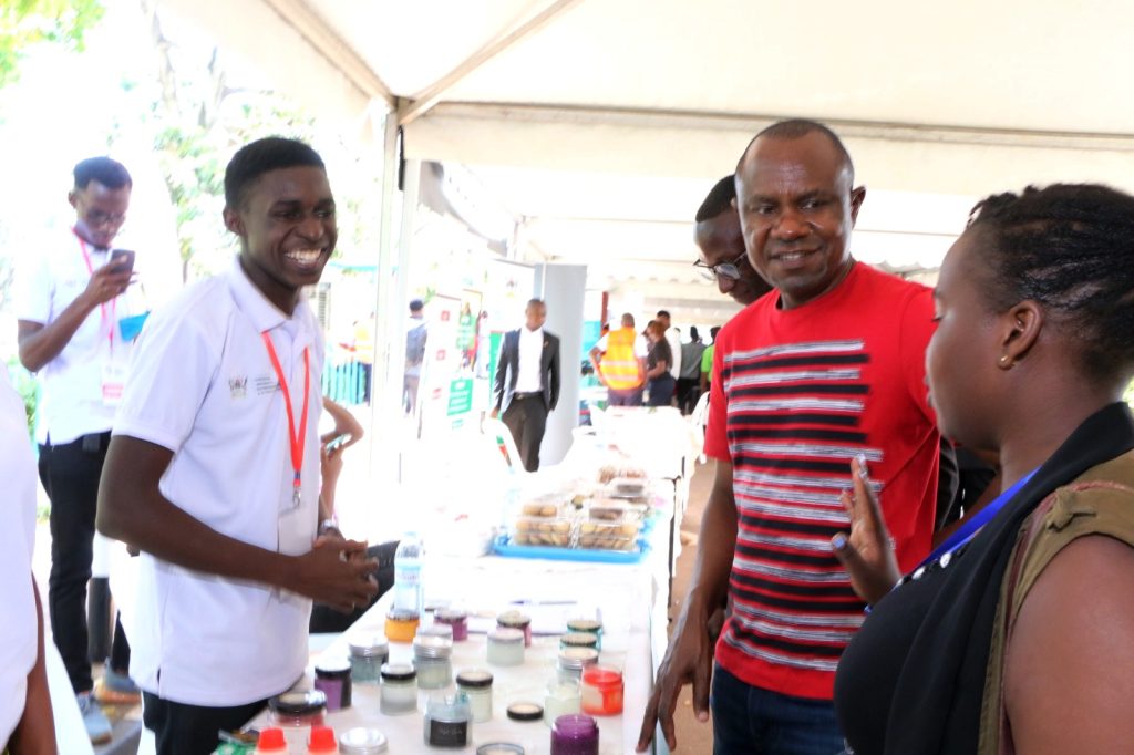 The Principal CoBAMS, Prof. Eria Hisali (2nd Right) tours some of the exhibits. Youth and Innovation Expo held 6th-7th October 2023. Yusuf Lule Central Teaching Facility, Makerere University, Kampala Uganda. East Africa.