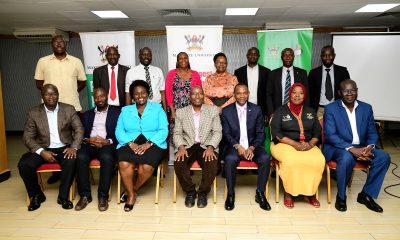 Seated: The DVCFA & Patron MUDF-Prof. Umar Kakumba (3rd R), with the Chairperson-Prof. Arthur K. Tugume (C), Vice Chairperson-Prof. Saudah Namyalo and Members L-R; Dr. Justus Twesigye, Dr. Martin Baluku, Dr. Claire Mugasa and Prof. Godfrey Akileng as well as Deans and Directors (Standing) at the Forum on 28th September 2023, Hotel Africana, Kampala. Uganda, East Africa.