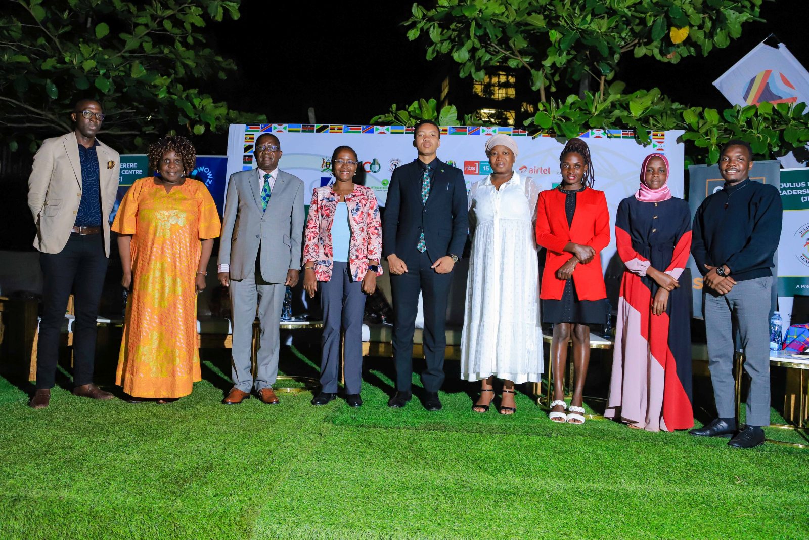 Left to Right: Mr. Andrew Tumusiime, Dr. Nansozi K. Muwanga, Dr. Saturninus Mulindwa Kasozi, Prof. Sarah Ssali, Mr. Joram Nkumbi, Ms. Bhoke Wankyo Nyerere, Ms. Jovia Nazziwa, H.E. Mariat Namiiro and H.E. Alionzi Lawrence pose for a group photo after the Ekyooto on 13th October, JNLC, Makerere University. Kampala Uganda, East Africa.