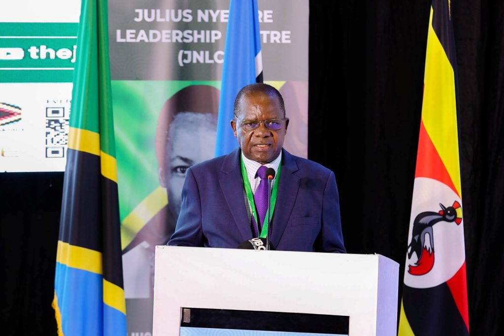 The Chairperson, Board of Directors of the Julius Nyerere Leadership Centre (JNLC), Dr. Mulindwa Kasozi Saturninus addresses the Symposium. Yusuf Lule Central Teaching Facility Auditorium, Makerere University, Kampala Uganda.