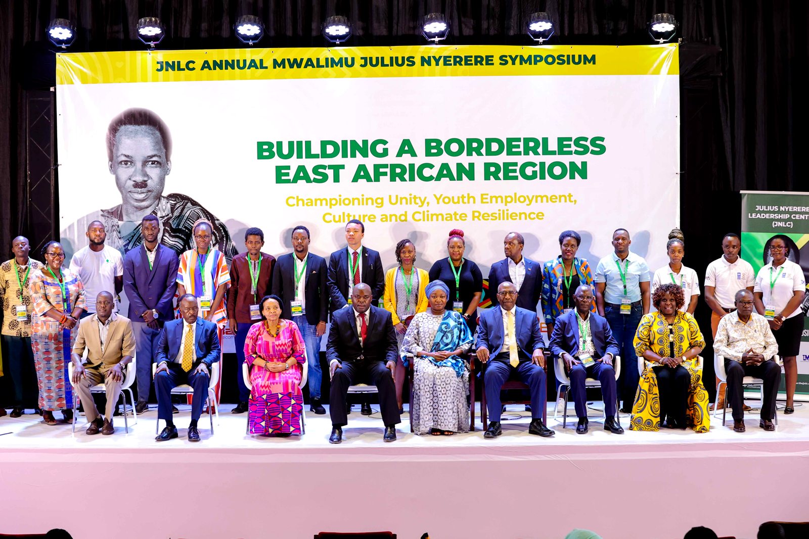 Seated: Rt. Hon. Ruhakana Rugunda (4th R), H.E. Mr. Lucas Mayanga (4th L), H.E. Lulu Xingwana (3rd L), H.E. Rtd. Col. Fred Mwesigye (2nd L), Rt. Hon. Daniel Fred Kidega (L), Hon. Tarsis Kabwegyere (R), Dr. James Nkata (3rd R), Dr. Nansozi K. Muwanga (2nd R) and other officials (Standing) at the Julius Nyerere Symposium on 14th October 2023. Yusuf Lule Central Teaching Facility Auditorium, Makerere University, Kampala Uganda.