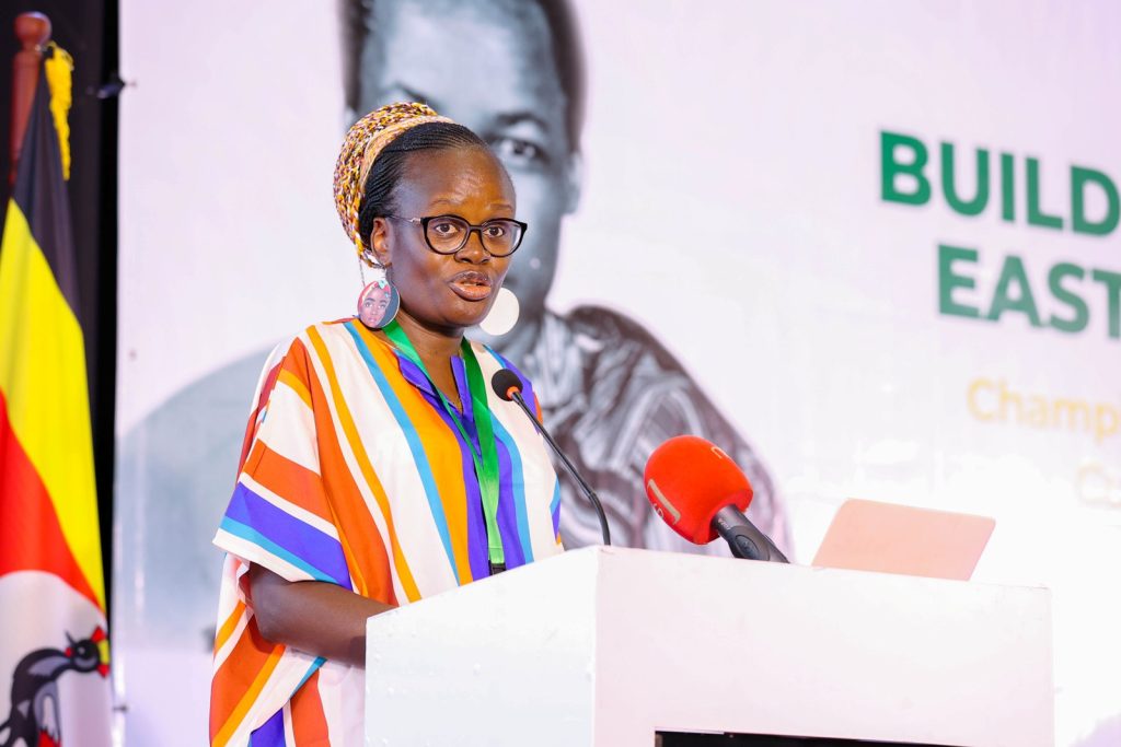 Ms. Stella Agara delivering the keynote address. Yusuf Lule Central Teaching Facility Auditorium, Makerere University, Kampala Uganda.