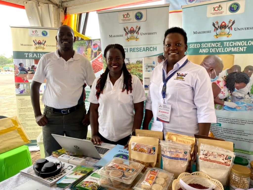 The MaRCCI Team Right to Left: Dr. Sharon Tusiime Mbabazi-Seed Specialist and Ag. Deputy Director, Ms. Fiona Nyanzi-Eight Tech Consults (Mak-RIF project partner) and Mr. Steven Kaliisa-Driver. NCHE@20, Kololo Ceremonial Grounds. Kampala, Uganda, East Africa.
