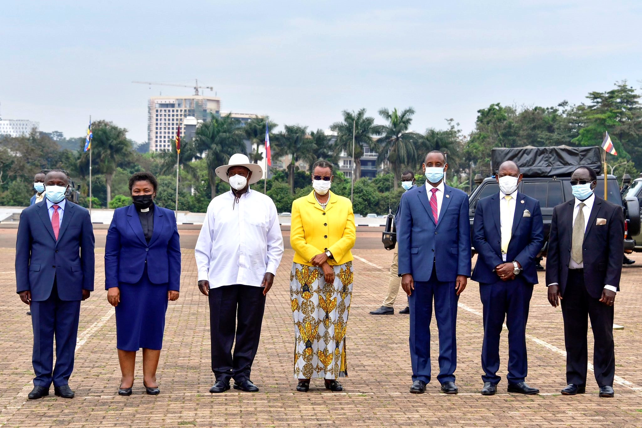 President Yoweri Kaguta Museveni (3rd Left) and First Lady and Minister of Education and Sports-Hon. Janet Kataaha Museveni (Centre) with Left to Right: Minister of State for Sports-Hon. Peter Ogwang, VC Ndejje University-Rev. Canon Prof. Olivia Nassaka Banja, VC UCU-Prof. Aaron Mushengyezi, VC Makerere-Prof. Barnabas Nawangwe and Member Governing Council ECUREI-Prof. Micheal Kawooya at the NCHE@20 Celebrations on 12th October 2023, Kololo Ceremonial Grounds. Photo: PPU. Kampala, Uganda, East Africa.