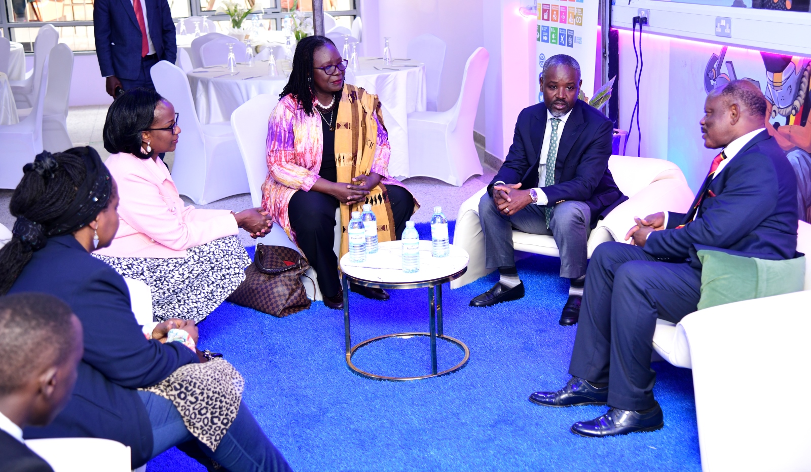 The Deputy Speaker of Parliament-Rt. Hon. Thomas Tayebwa (2nd R) with UNDP Resident Representative-H.E. Elsie Attafuah (3rd R), Chairperson of Council-Mrs. Lorna Magara (4th R), Vice Chancellor-Prof. Barnabas Nawangwe (R) and other officials in the Makerere Incubation Centre ahead of the Youth and Innovation Expo opening ceremony on 6th October 2023, Yusuf Lule Central Teaching Facility, Makerere University. Kampala Uganda, East Africa.