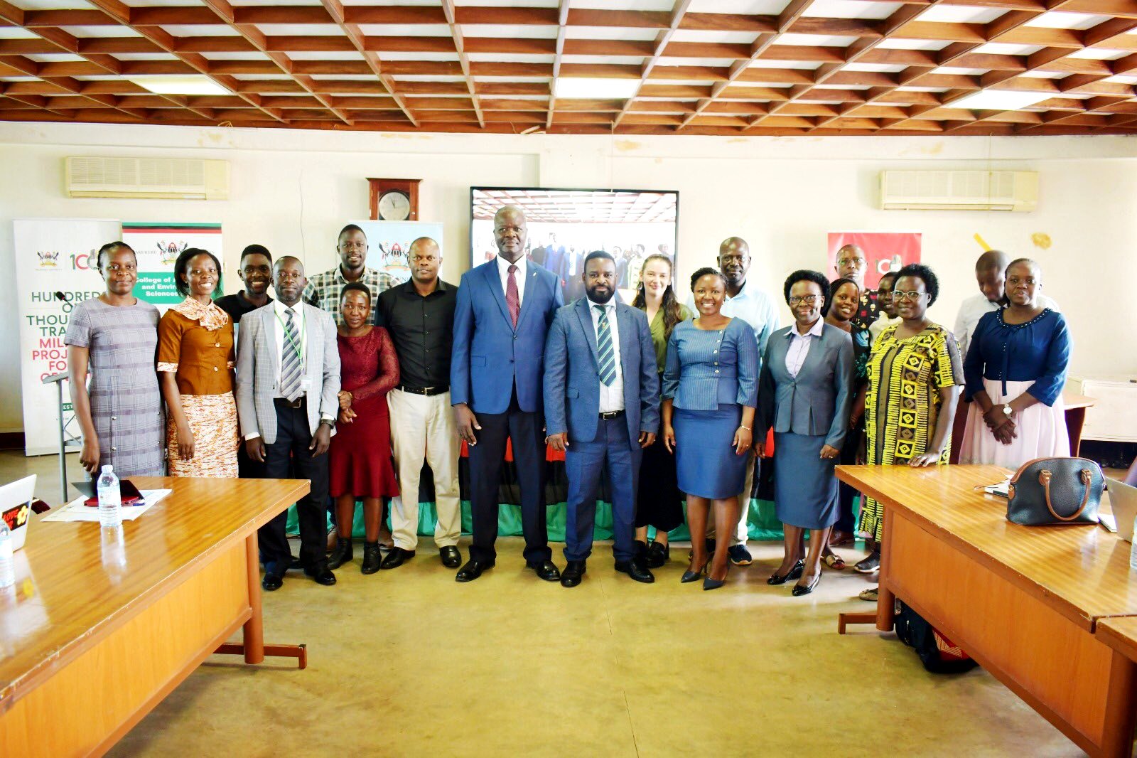 Front Row: Assoc. Prof. Robert Wamala (4th R) who represented the Vice Chancellor, Prof. Barnabas Nawangwe, Mak Team Lead-Prof. John Tabuti (5th R), Head GAMSU, Prof. Sylvia Nannyonga-Tamuusza (2nd R), HSRW Team Lead-Ms. Nele Vahrenhorst (Rear: 7th R) and other officials at the kick off workshop on 16th November 2023 at Makerere University. Strengthening Education and Research Capacity for Enhancing Biodiversity Conservation and Sustainable Natural Resources Use Project Kick Off Workshop, 16th November 2023, Senate Conference Hall, Makerere University, Kampala Uganda, East Africa.