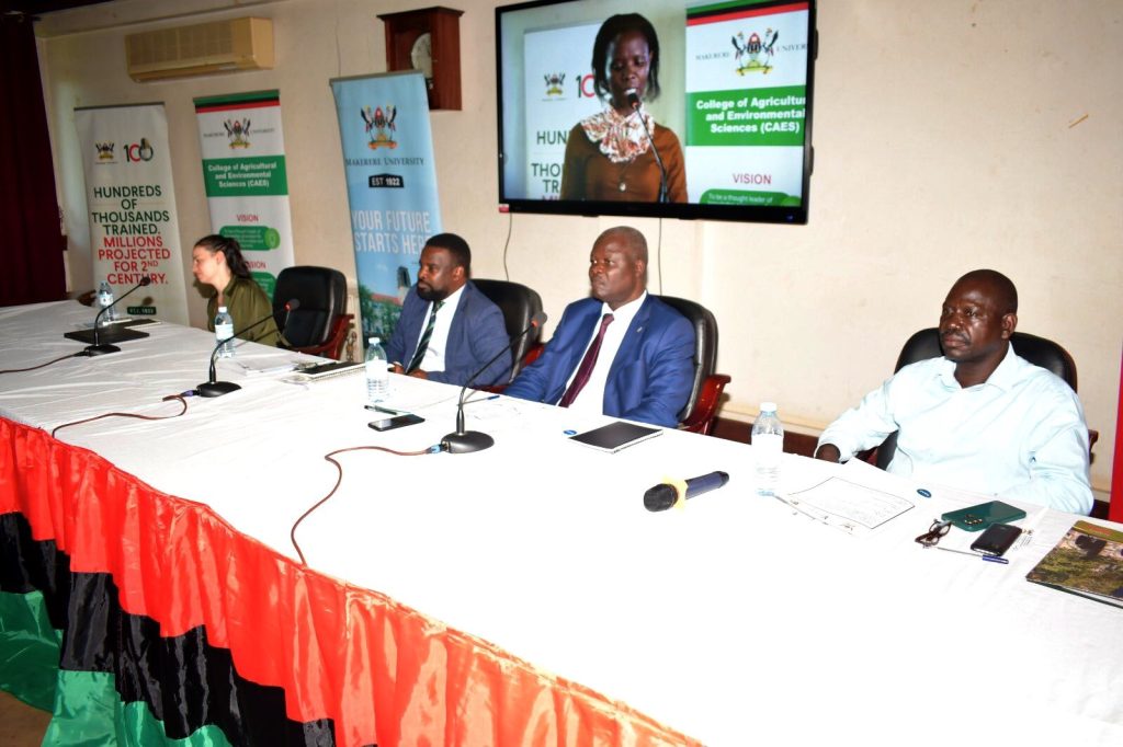 Assoc. Prof. Robert Wamala (2nd L) with Left to Right: Ms. Nele Vahrenhorst, Prof. John Tabuti and Assoc. Prof. Vincent Muwanika. Strengthening Education and Research Capacity for Enhancing Biodiversity Conservation and Sustainable Natural Resources Use Project Kick Off Workshop, 16th November 2023, Senate Conference Hall, Makerere University, Kampala Uganda, East Africa.