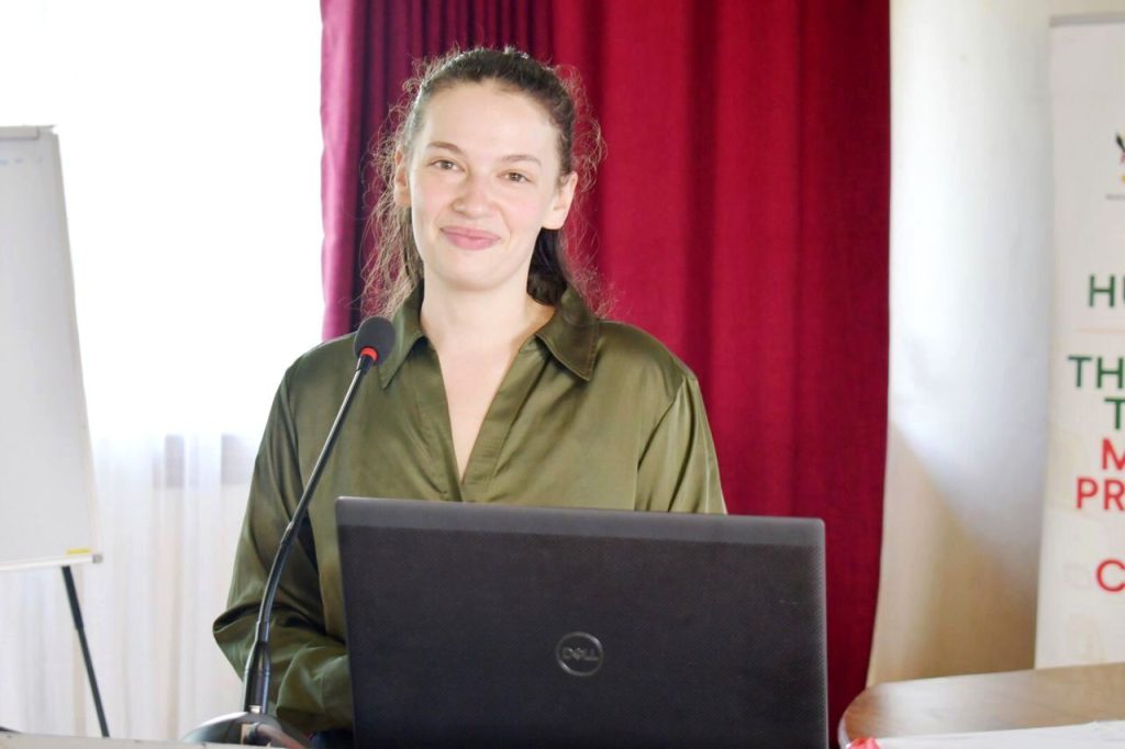 Ms. Nele Vahrenhorst from Rhine Waal University of Applied Sciences makes her remarks. Strengthening Education and Research Capacity for Enhancing Biodiversity Conservation and Sustainable Natural Resources Use Project Kick Off Workshop, 16th November 2023, Senate Conference Hall, Makerere University, Kampala Uganda, East Africa.