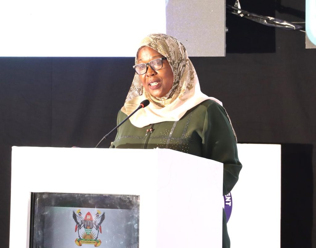 Assoc. Prof. Saudah Namyalo speaking during the convention. Annual Media Convention, 12th October 2023, Yusuf Lule Central Teaching Facility Auditorium, Makerere University, Kampala Uganda, East Africa.