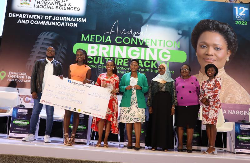 Left to Right: Daniel Kalinaki, Mollan Joyce,  Atwine Rhonet, Kababikira Mary , Dr. Aisha Nakiwala and Helen Kawesa  pose for a group photo after the award ceremony. Annual Media Convention, 12th October 2023, Yusuf Lule Central Teaching Facility Auditorium, Makerere University, Kampala Uganda, East Africa.